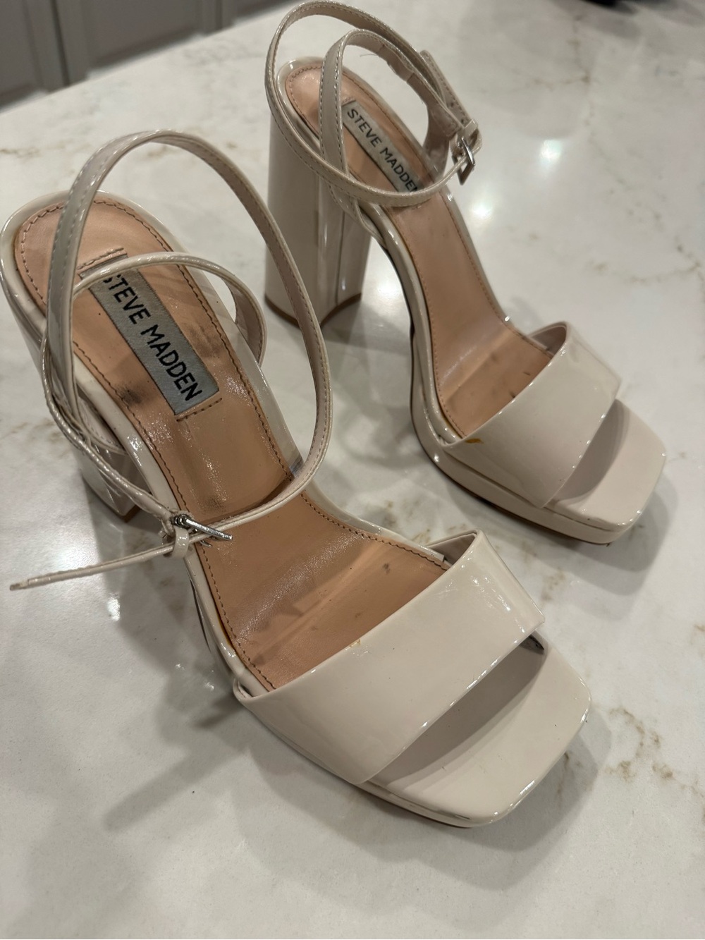 Steve Madden Cream Patent Platform Block Heels